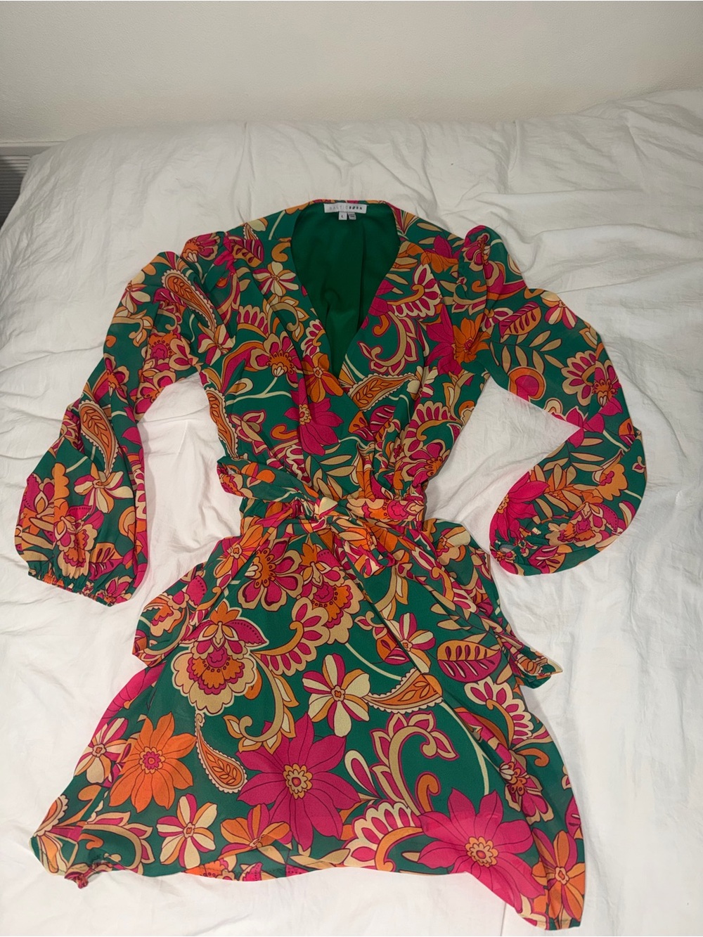 Green Floral Long-Sleeve Wrap Dress with Pink & Orange Blooms